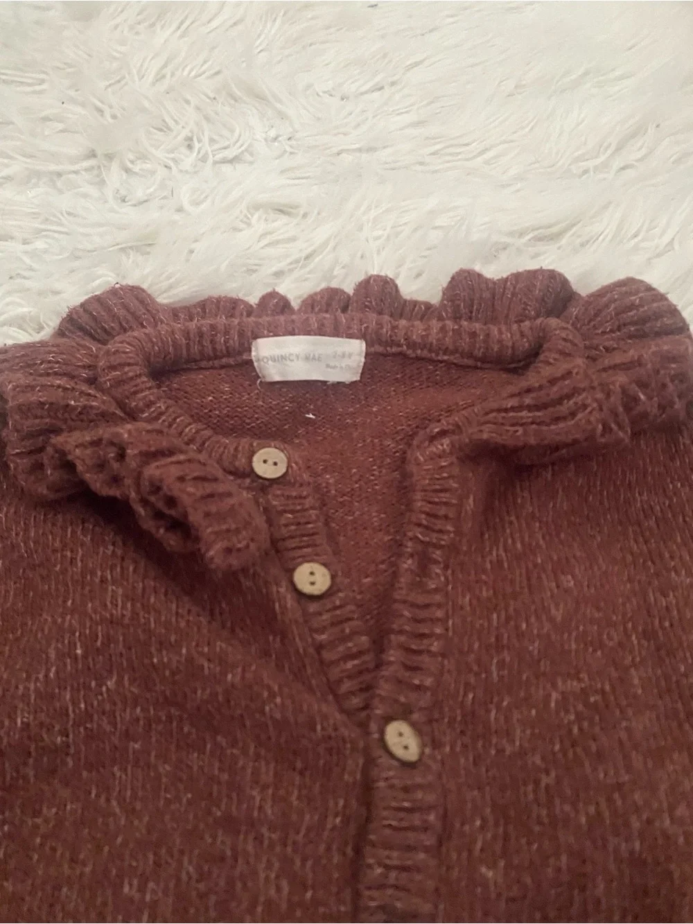 Quincy Mae Ruffle Collar Cardigan Organic Cotton Linen Brown Size 2-3 Years